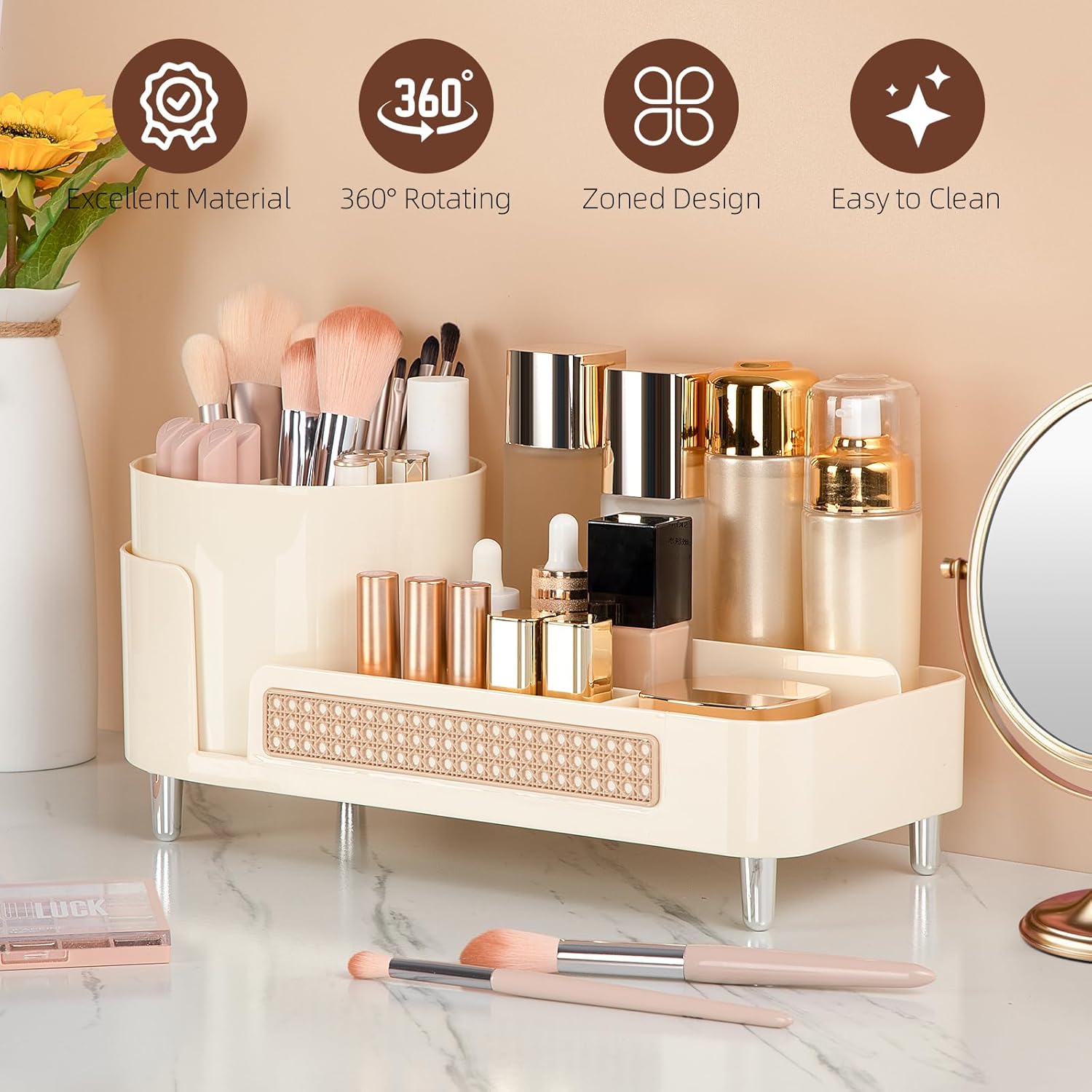 Organisateur maquillage rotatif 360 degrés : le rangement idéal pour les passionnées de beauté Découvrez notre organisateur maquillage 2 en 1, parfait pour optimiser l'espace de votre coiffeuse, salle de bain ou chambre à coucher. Grâce à ses multiples compartiments, il permet un rangement pratique et élégant de vos produits de beauté et pinceaux, tout en ajoutant une touche de style à votre décoration. – Image 6