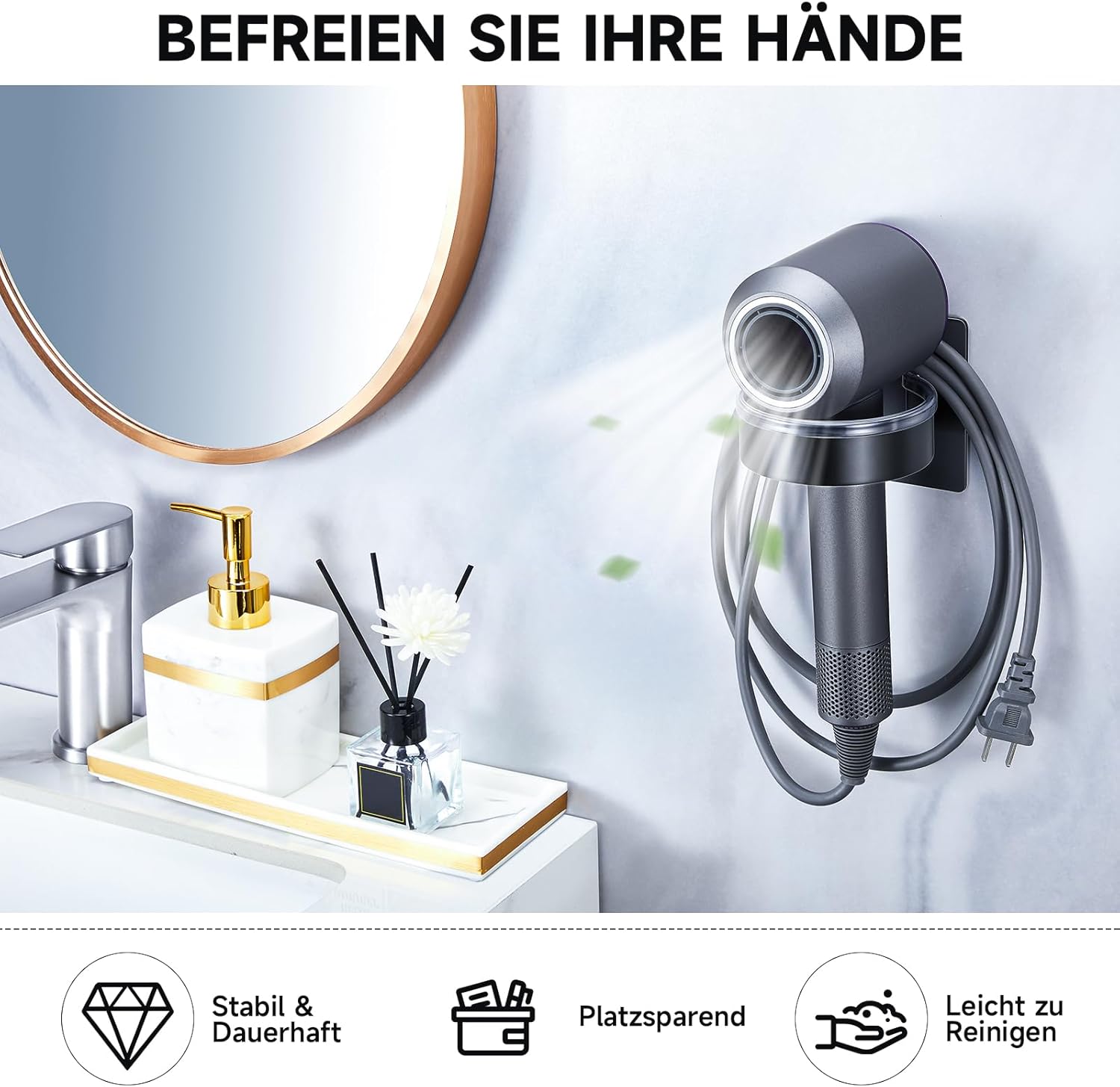 Support de sèche-cheveux mural en acier inoxydable : rangement pratique pour salle de bain, chambre à coucher et salon de coiffure – Image 7