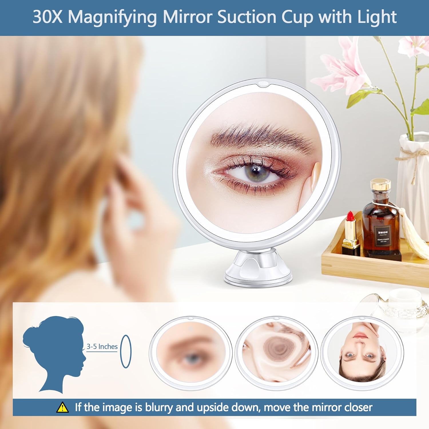 Miroir de maquillage grossissant 30X pour un maquillage parfait : lumière ajustable et 3 modes de couleurs pour sublimer votre beauté – Image 6
