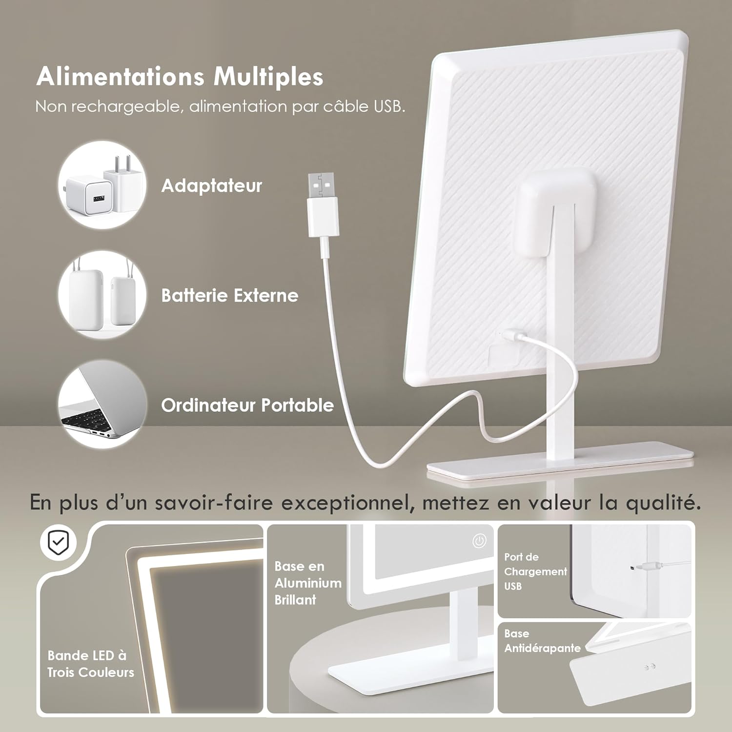 Miroir de courtoisie avec lumière : l'accessoire idéal pour les passionnées de maquillage Découvrez un miroir de maquillage LED avec éclairage à 3 couleurs, réglage de luminosité et d'angle, parfait pour un rendu impeccable à chaque utilisation. – Image 4