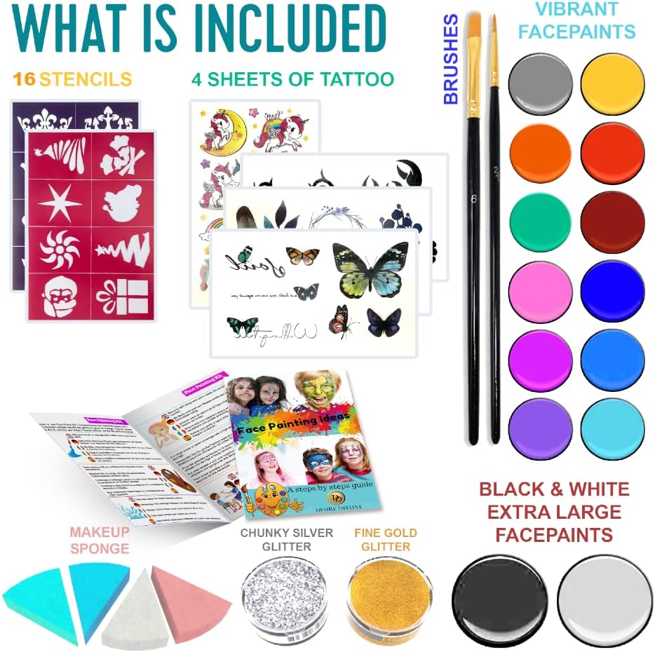 Peinture visage pour enfants : le kit de maquillage idéal pour Halloween et Noël Offrez à vos filles et garçons un moment créatif inoubliable avec une palette de couleurs éclatantes, des paillettes scintillantes, des pochoirs amusants et des tatouages temporaires – Image 3