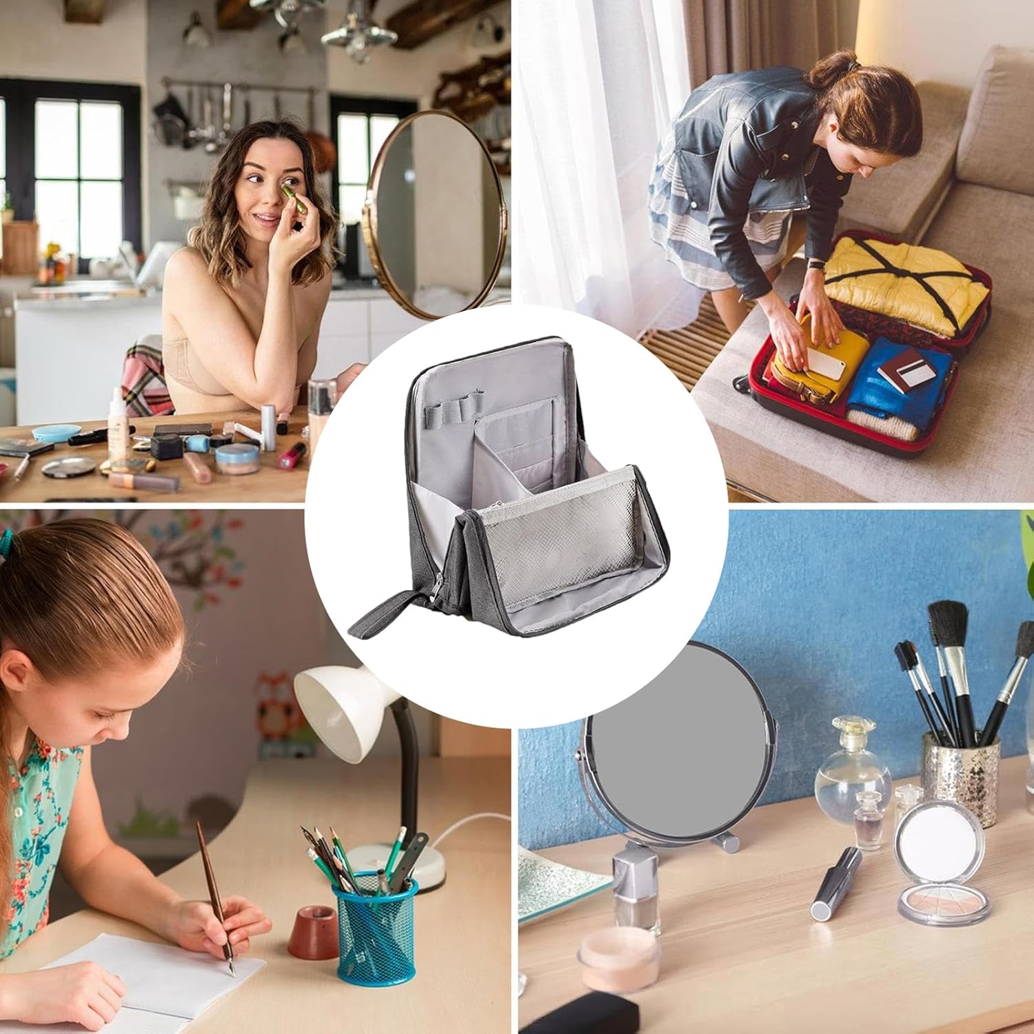 Trousse de maquillage verticale en tissu Oxford : l'accessoire idéal pour les femmes en voyage Organisez vos produits de beauté avec style et praticité – Image 4