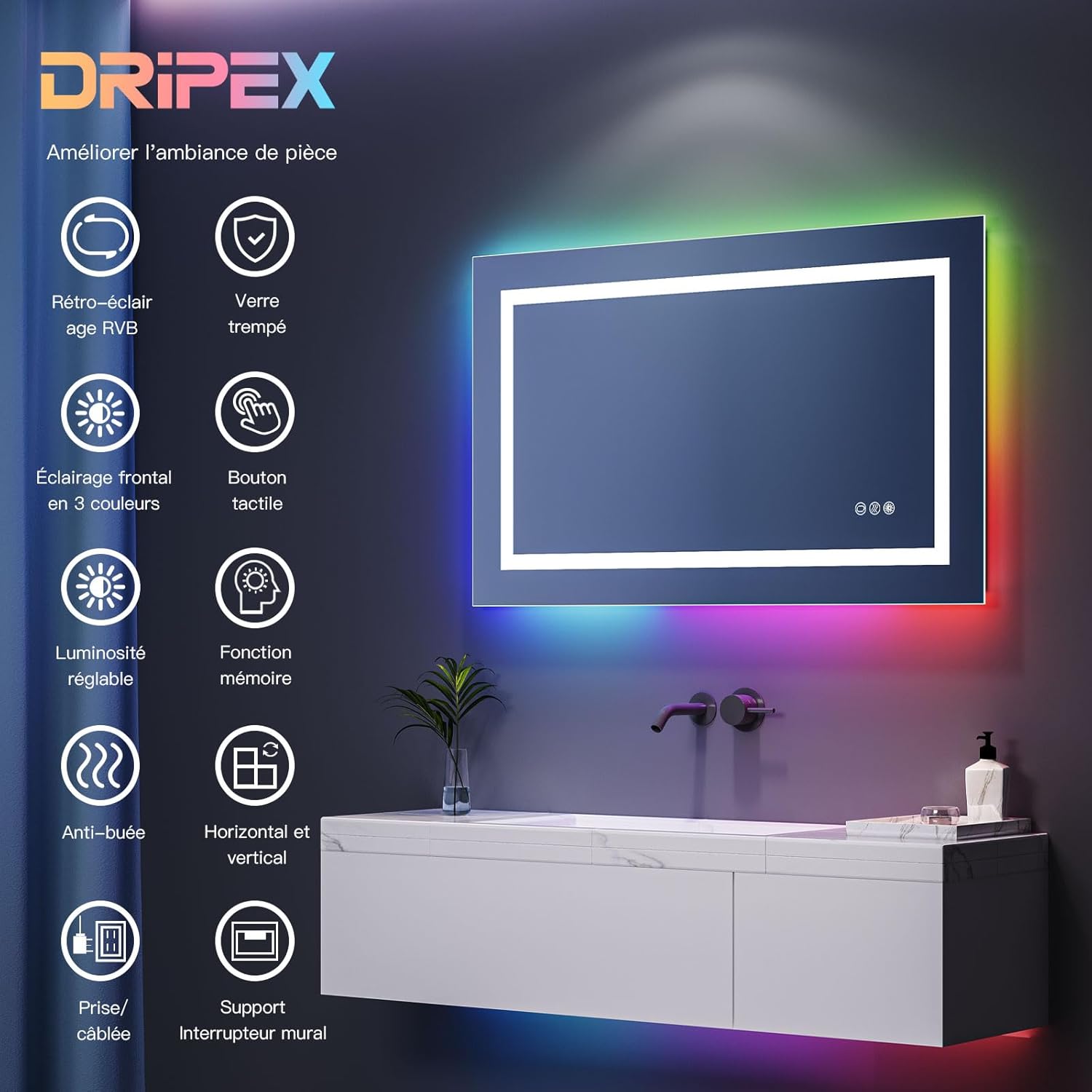 Miroir LED anti-buée 100x60 cm : l'élégance pour votre salle de bain avec éclairage RGB multicolore – Image 6
