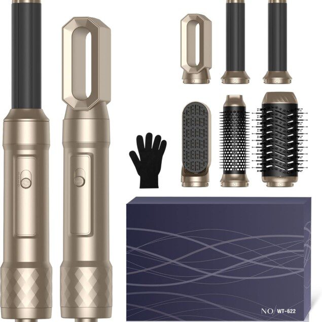 Brosse soufflante 6 en 1 pour des coiffures parfaitement lisses et bouclées  Découvrez la brosse soufflante 6 en 1, un appareil puissant de 1000W conçu pour les femmes en quête de volume et de style. Que vous souhaitiez lisser vos cheveux ou créer de magnifiques boucles, ce Magic Styler doré est le cadeau idéal pour transformer votre routine de coiffage en un moment de plaisir et de créativité.
