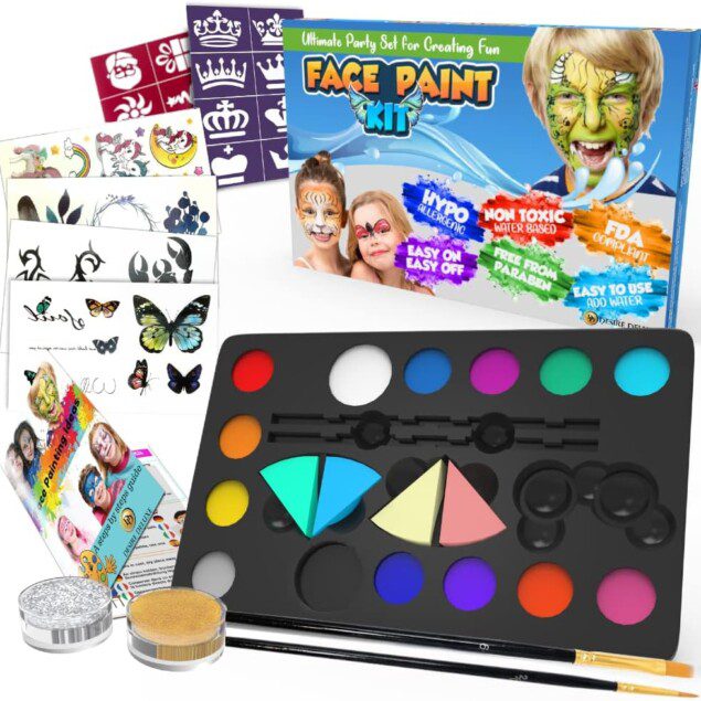 Peinture visage pour enfants : le kit de maquillage idéal pour Halloween et Noël   Offrez à vos filles et garçons un moment créatif inoubliable avec une palette de couleurs éclatantes, des paillettes scintillantes, des pochoirs amusants et des tatouages temporaires