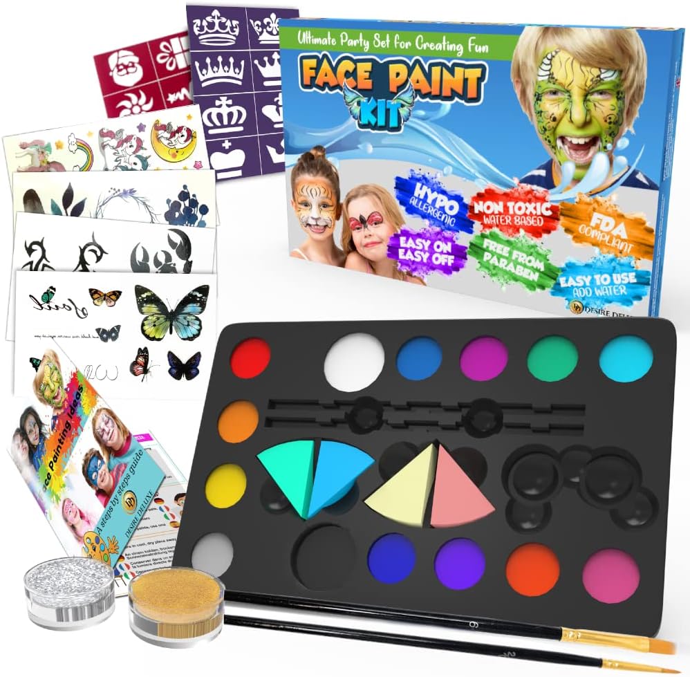 Peinture visage pour enfants : le kit de maquillage idéal pour Halloween et Noël   Offrez à vos filles et garçons un moment créatif inoubliable avec une palette de couleurs éclatantes, des paillettes scintillantes, des pochoirs amusants et des tatouages temporaires