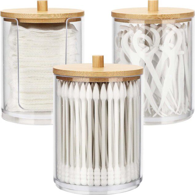 Supports de maquillage en acrylique transparent : le lot idéal pour organiser vos cotons-tiges et démaquillants dans la salle de bain