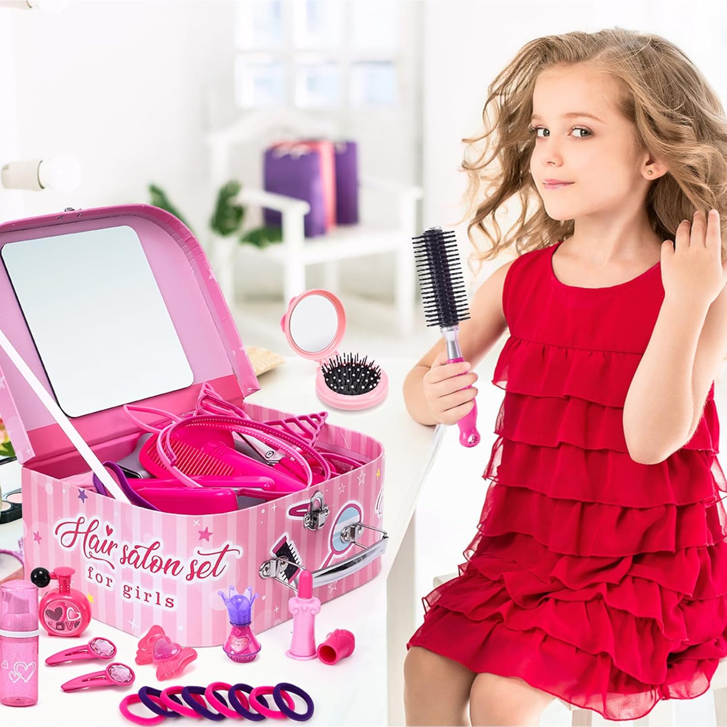 Set coiffure enfant fille : jouet créatif avec sèche-cheveux et accessoires pour une expérience de coiffeuse inoubliable – Image 6