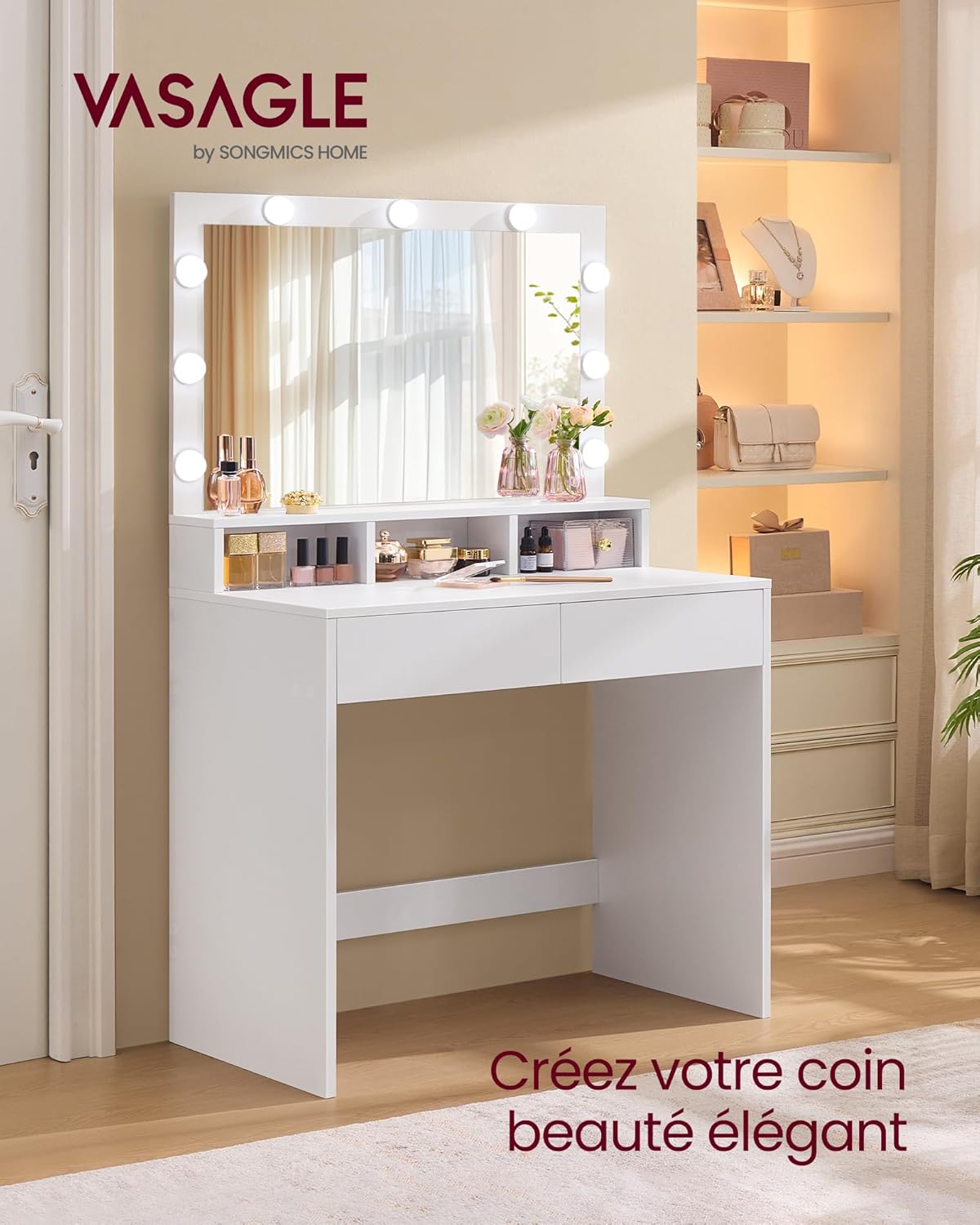 Coiffeuse moderne avec grand miroir LED : l'alliée parfaite pour les passionnées de beauté – Image 2