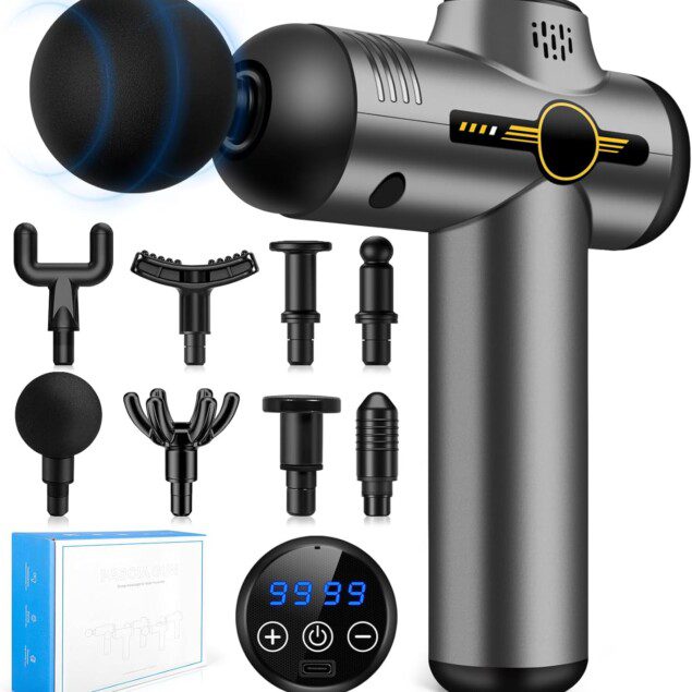 Pistolet de massage musculaire professionnel : un soulagement efficace pour les douleurs et raideurs   Masseur électrique portable avec 99 vitesses et 8 têtes de massage pour un bien-être optimal