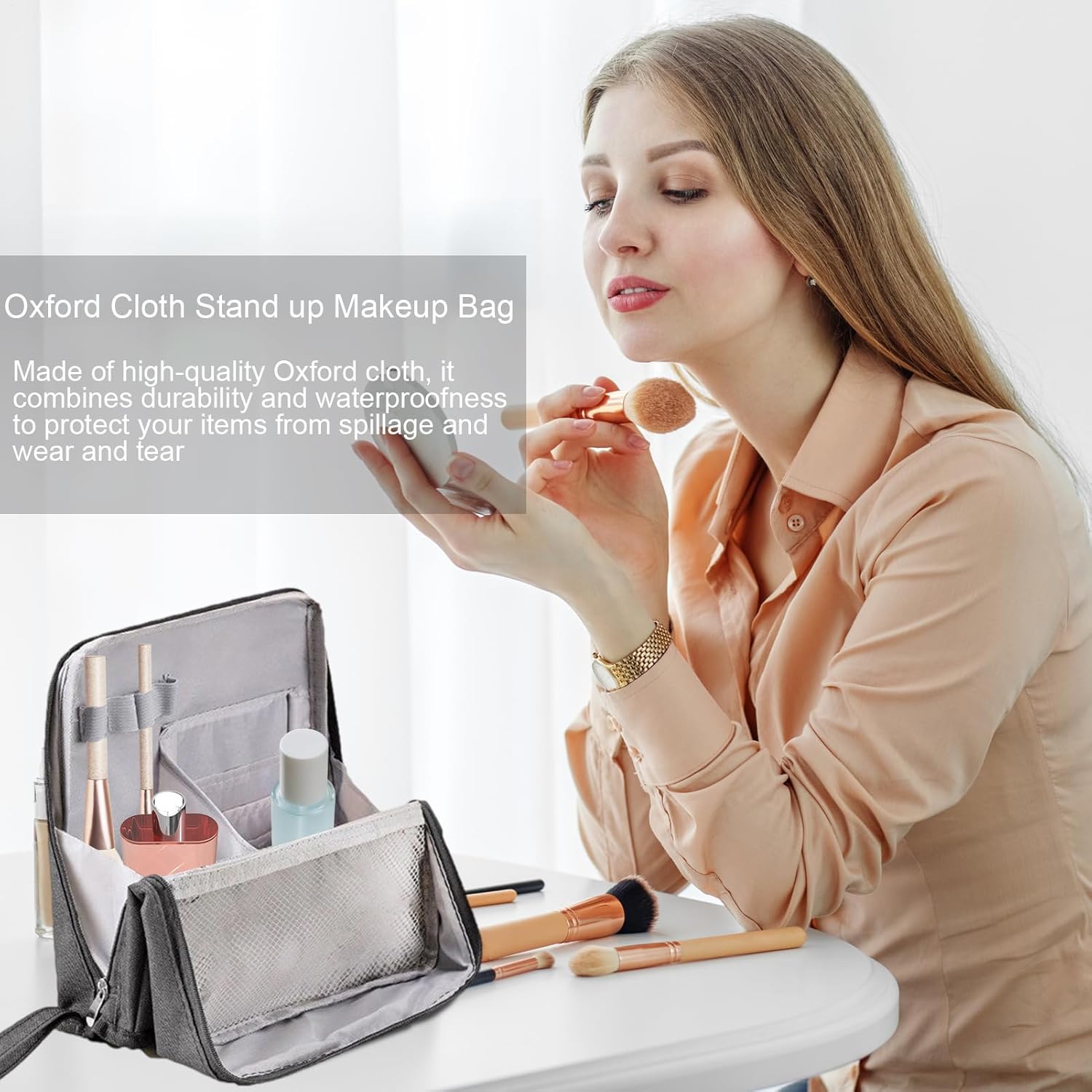 Trousse de maquillage verticale en tissu Oxford : l'accessoire idéal pour les femmes en voyage Organisez vos produits de beauté avec style et praticité – Image 2