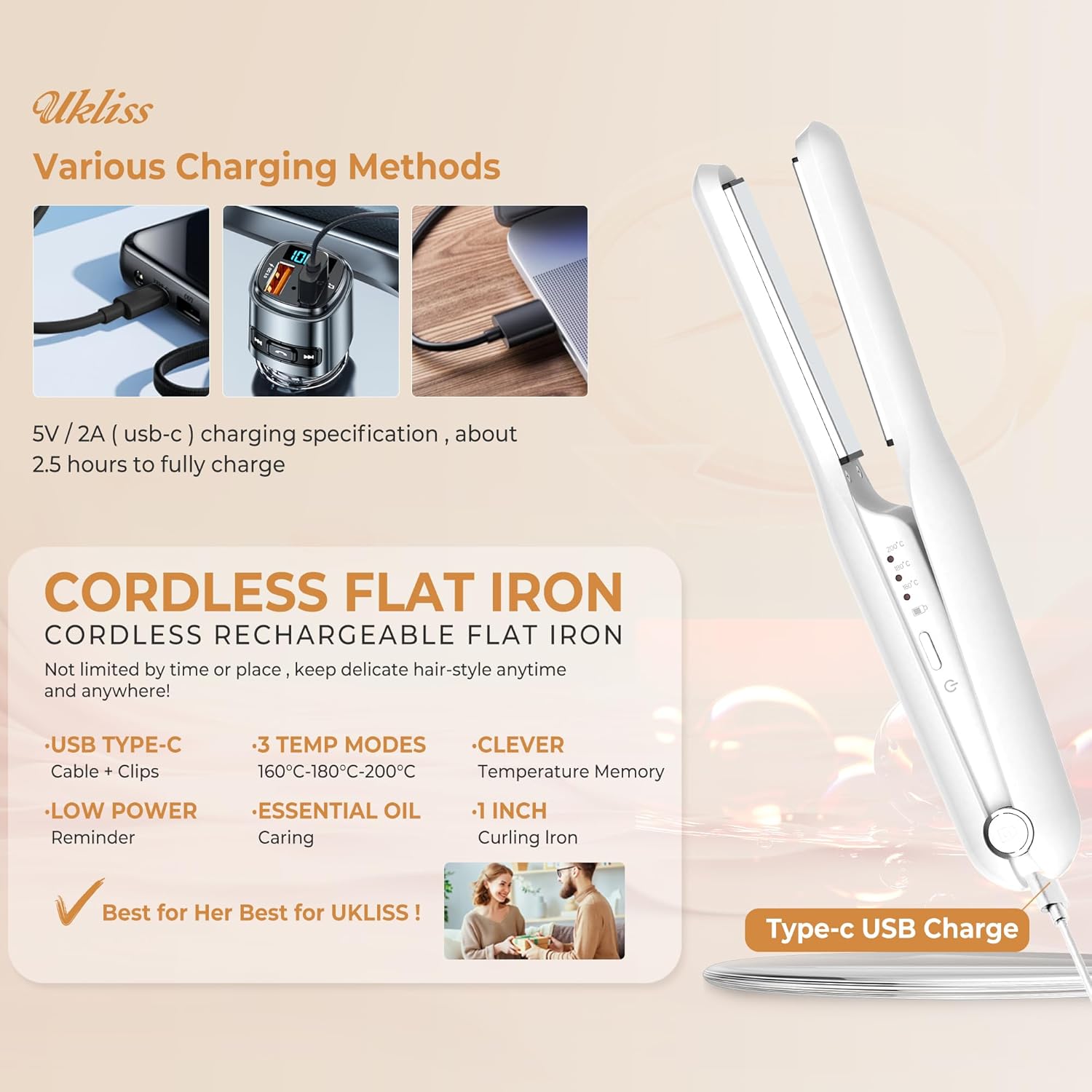 Portable fer à lisser sans fil : lisseur rechargeable pour cheveux courts et longs, idéal en voyage avec 3 températures et technologie d'ions négatifs – Image 4
