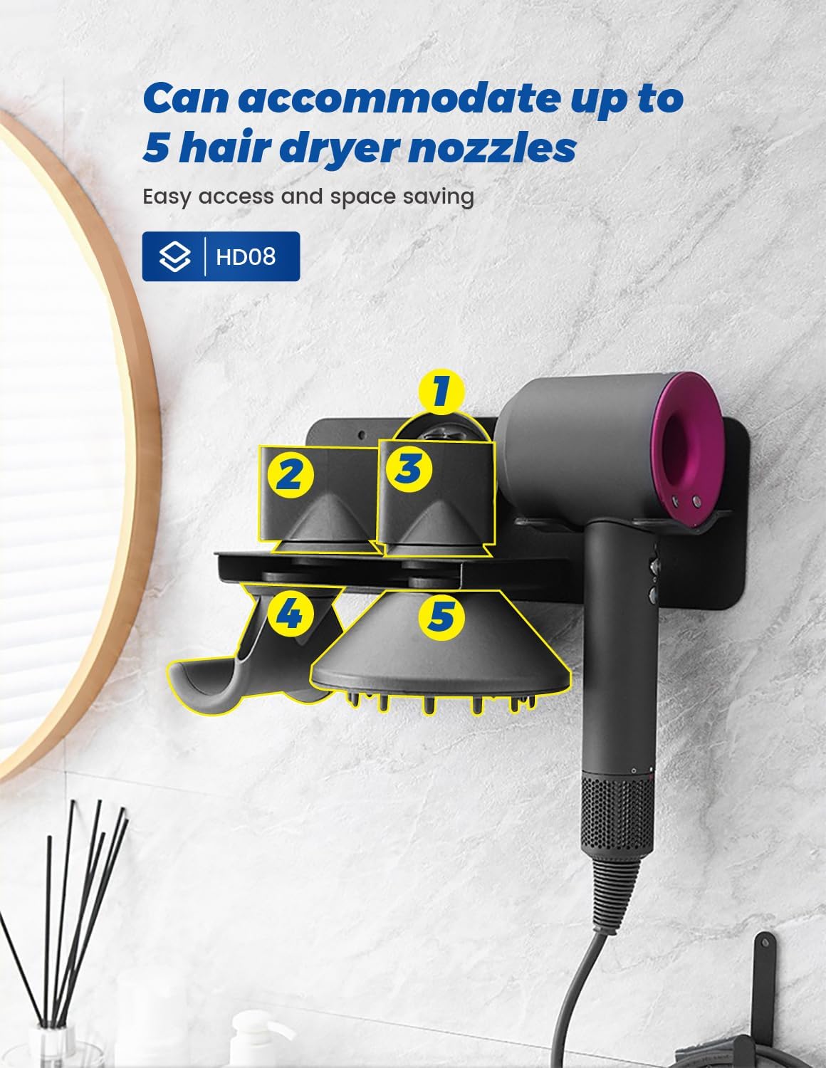 Support de sèche-cheveux mural pour professionnels : une solution élégante et pratique sans perçage Découvrez le support de sèche-cheveux MidingChai, idéal pour les hôtels et barbershops. Ce porte-sèche-cheveux compatible avec Dyson Supersonic peut accueillir jusqu'à 5 embouts, offrant un gain de place et une organisation optimale pour vos outils de beauté. – Image 5