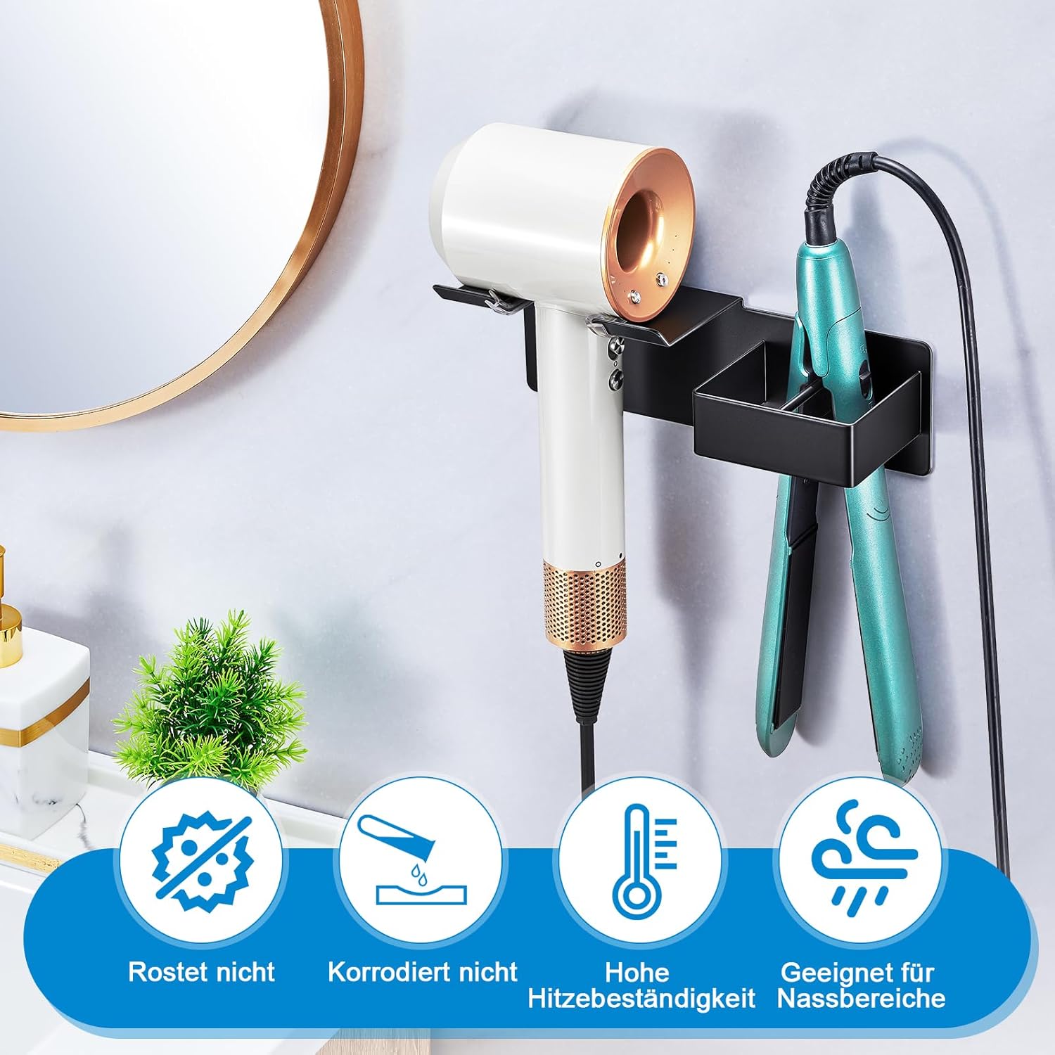 Support mural pour sèche-cheveux et fer à lisser : une solution élégante et pratique pour salle de bain et chambre à coucher – Image 3