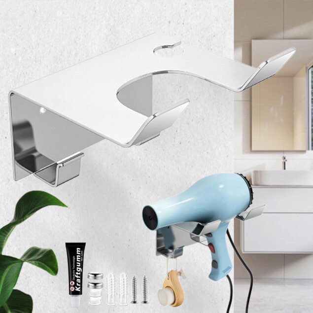 Support de sèche-cheveux en acier inoxydable : le choix idéal pour vos salles de bain modernes Organisez votre espace avec élégance grâce à un support sans perçage et des crochets pratiques