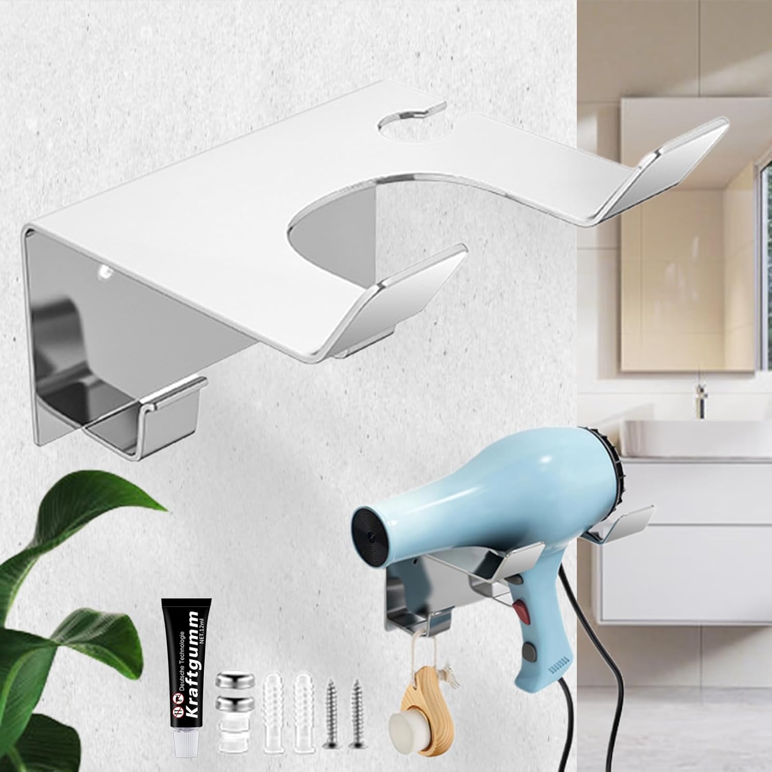 Support de sèche-cheveux en acier inoxydable : le choix idéal pour vos salles de bain modernes Organisez votre espace avec élégance grâce à un support sans perçage et des crochets pratiques