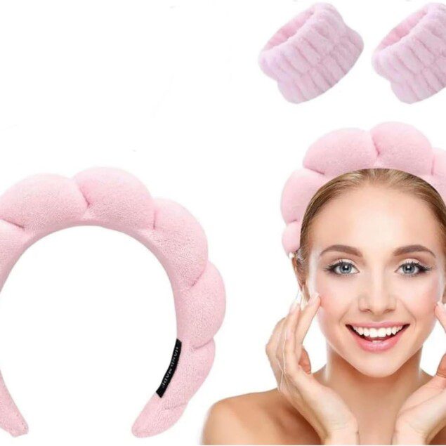 Set de beauté rose : bandeau maquillage et lavage visage pour un rituel de soins élégant et efficace