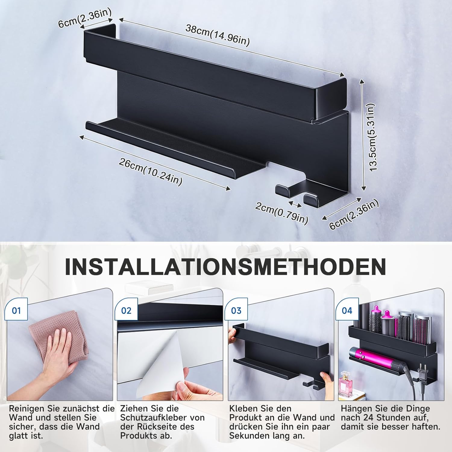 Support sèche-cheveux mural : rangement élégant pour salle de bain sans perçage Optimisez l'espace de votre salle de bain avec ce porte-accessoires noir pour lisseurs et appareils de coiffure – Image 9