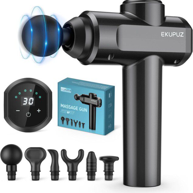 Pistolet de massage EKUPUZ : soulagez vos douleurs musculaires avec 30 vitesses et 6 têtes de massage, idéal pour l'exercice quotidien