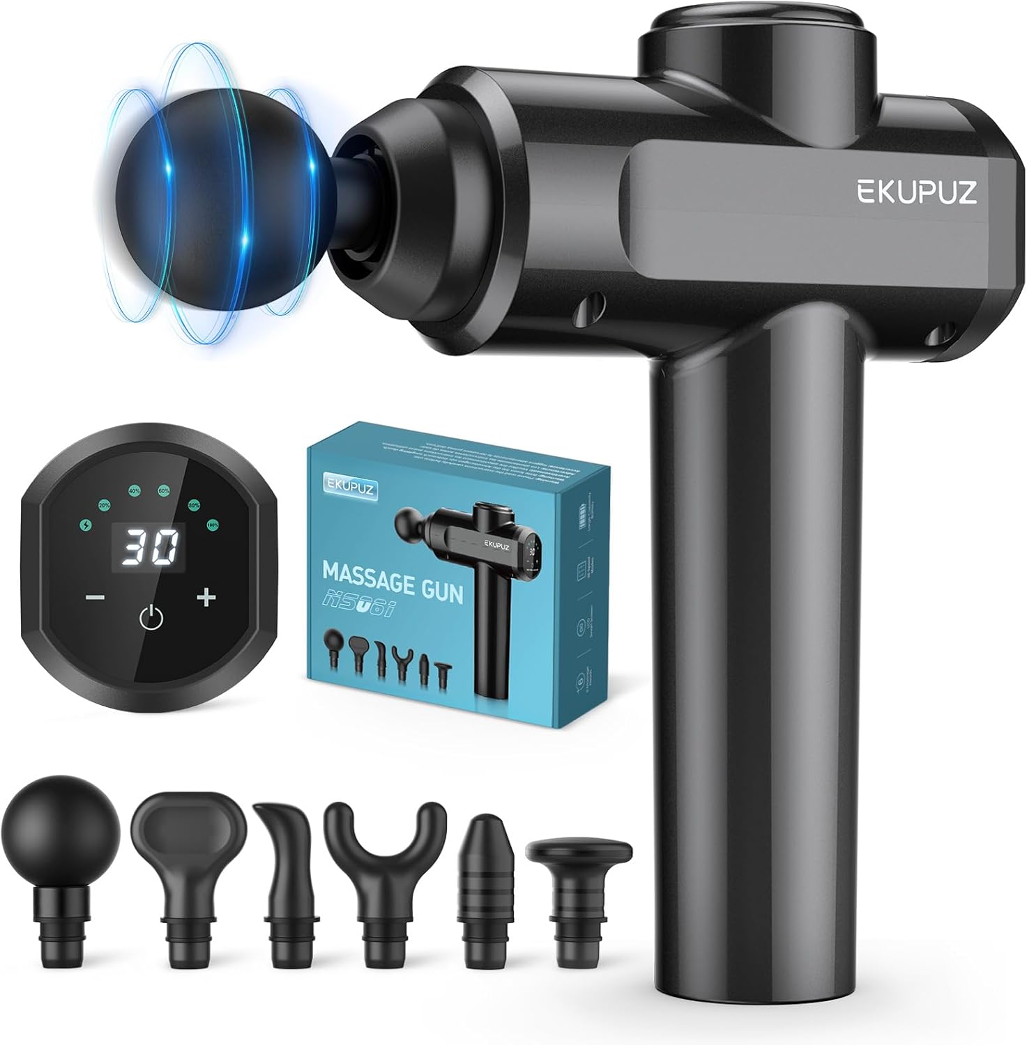Pistolet de massage EKUPUZ : soulagez vos douleurs musculaires avec 30 vitesses et 6 têtes de massage, idéal pour l'exercice quotidien