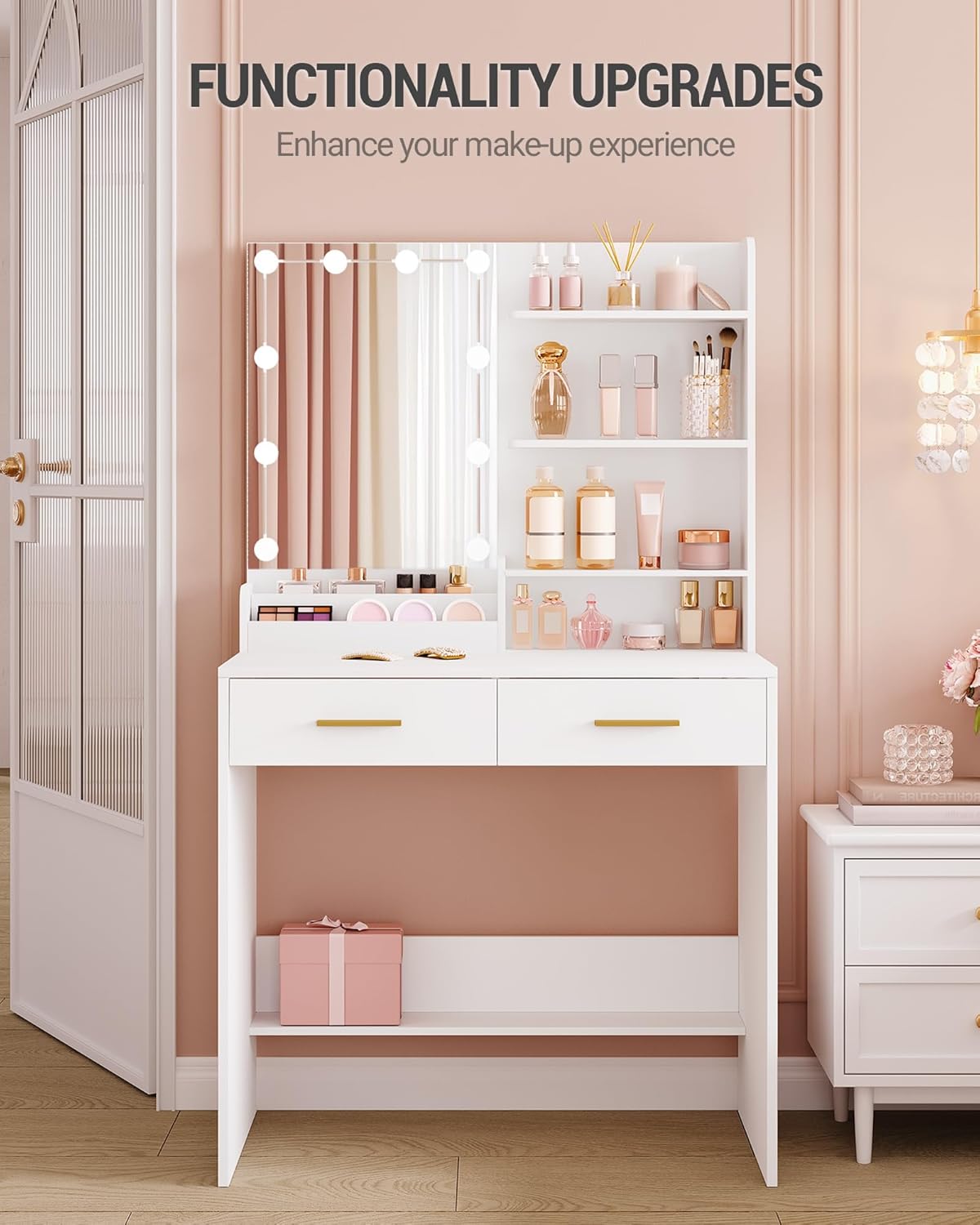 Coiffeuse avec 10 LED : vanité de maquillage élégante pour chambre avec rangement optimisé – Image 4