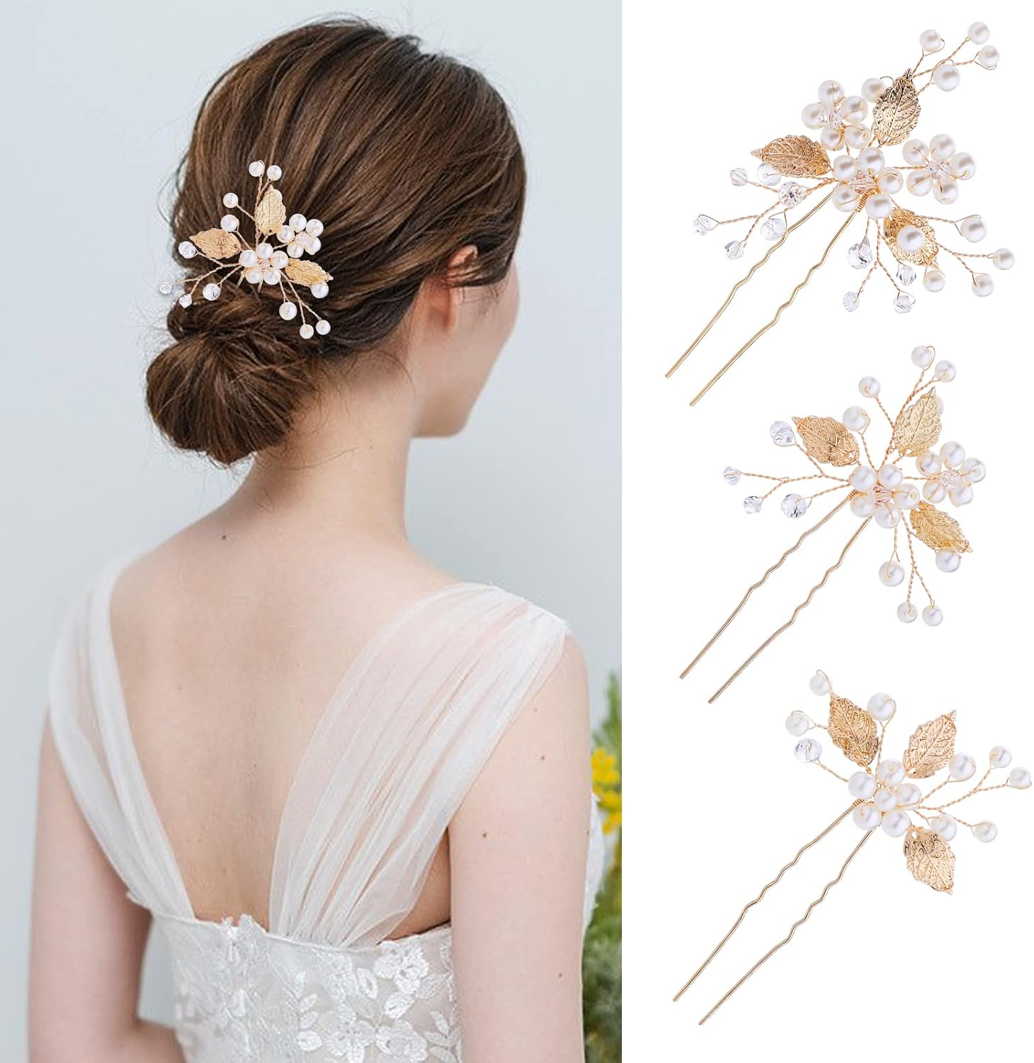Pince à cheveux de mariage : 3 pièces en perles et feuilles pour les mariées et les demoiselles d'honneur – Image 4