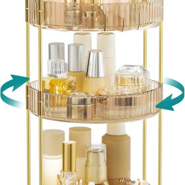 Organisateur maquillage rotatif : le rangement parfait pour les passionnées de beauté   Découvrez un rangement élégant à 3 niveaux pour vos cosmétiques et bijoux