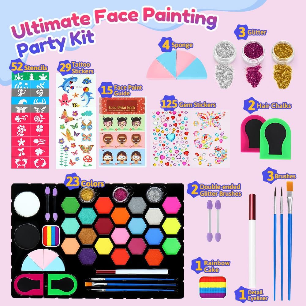 Palette de maquillage enfant : 23 couleurs pour des moments festifs inoubliables Idéale pour le carnaval, Halloween et les anniversaires, avec pinceaux et pochoirs inclus – Image 4