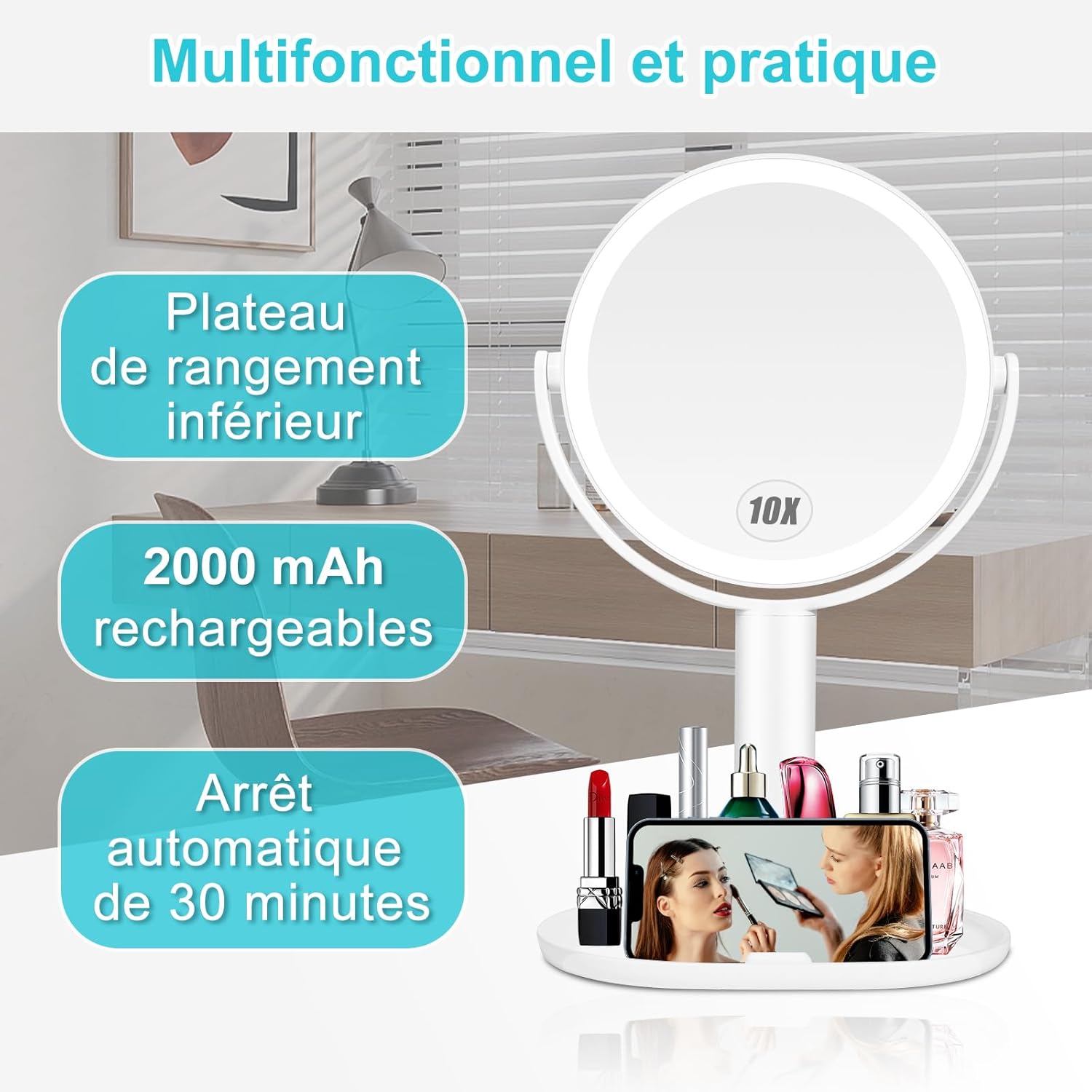 Miroir maquillage LED : l'allié parfait pour vos routines beauté Découvrez le miroir grossissant lumineux 1X / 10X, idéal pour les passionnées de maquillage. Grâce à sa rotation à 360° et ses trois couleurs de lumière, cet accessoire vous permettra d'ajuster la luminosité selon vos besoins, pour un maquillage impeccable à chaque utilisation. Offrez-vous une expérience de beauté raffinée et pratique avec ce miroir sur pied, doté de 80 perles lumineuses pour un reflet éclatant. – Image 5