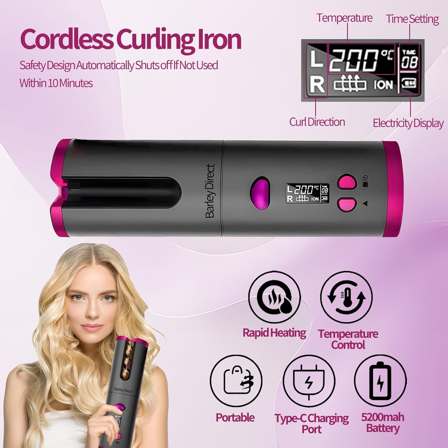 Fer à boucler automatique : l'outil idéal pour des boucles parfaites en un temps record Pour les passionnées de coiffure, avec 6 réglages de température et un minuteur de 8 à 18 secondes Profitez d'un écran LCD et d'une protection anti-brûlure pour des résultats professionnels à domicile Rechargeable par USB pour une utilisation pratique et sans contrainte – Image 4