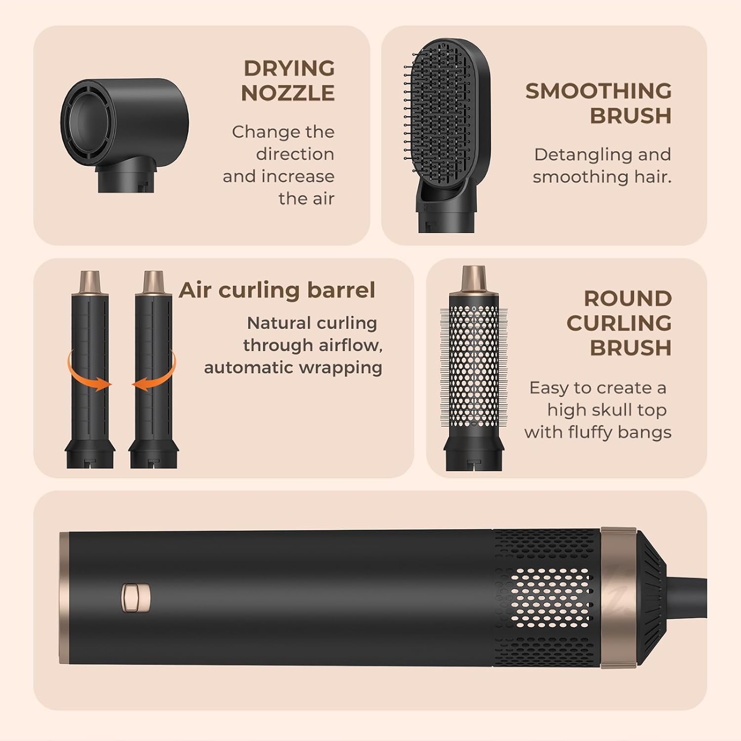 Sèche-cheveux 5 en 1 : la brosse soufflante idéale pour cheveux bouclés et lissés Transformez votre coiffure avec notre air styler multifonction à 5 têtes interchangeables – Image 7