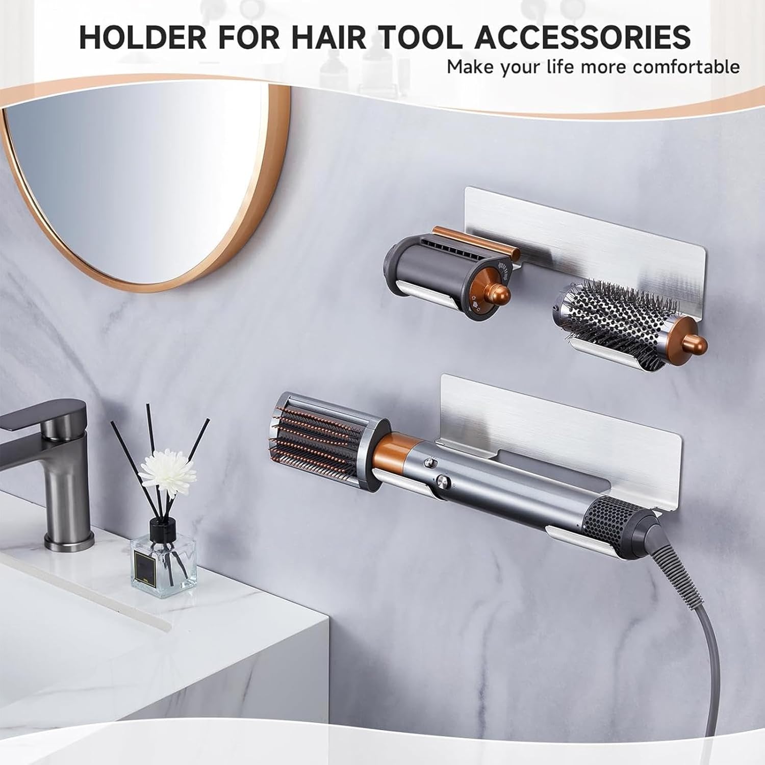 Support mural pour sèche-cheveux et fer à lisser : l'organisateur pratique en acier inoxydable pour une salle de bain toujours ordonnée – Image 2