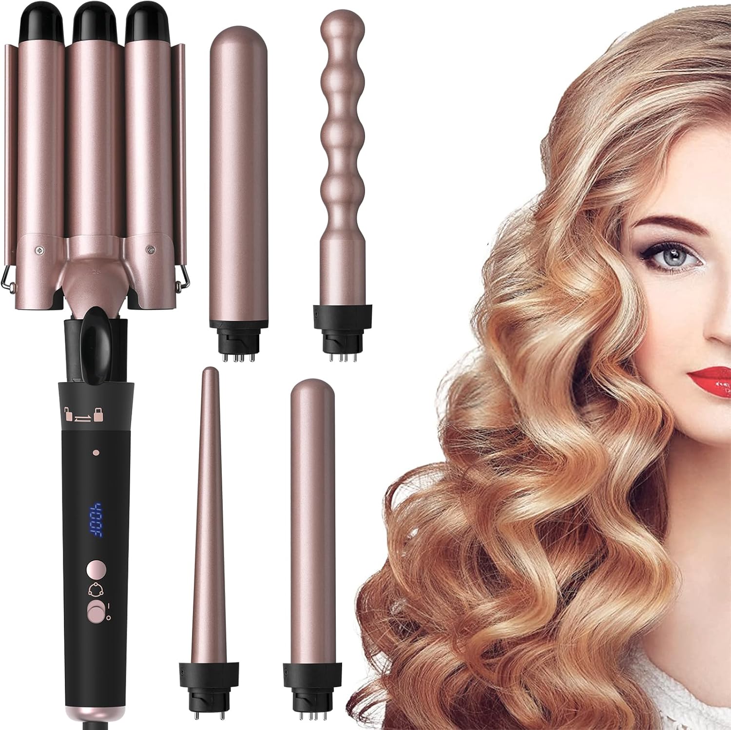 Fer à boucler 5 en 1 pour des coiffures variées : sublimez vos cheveux longs et courts avec un revêtement en céramique et des températures réglables – Image 8