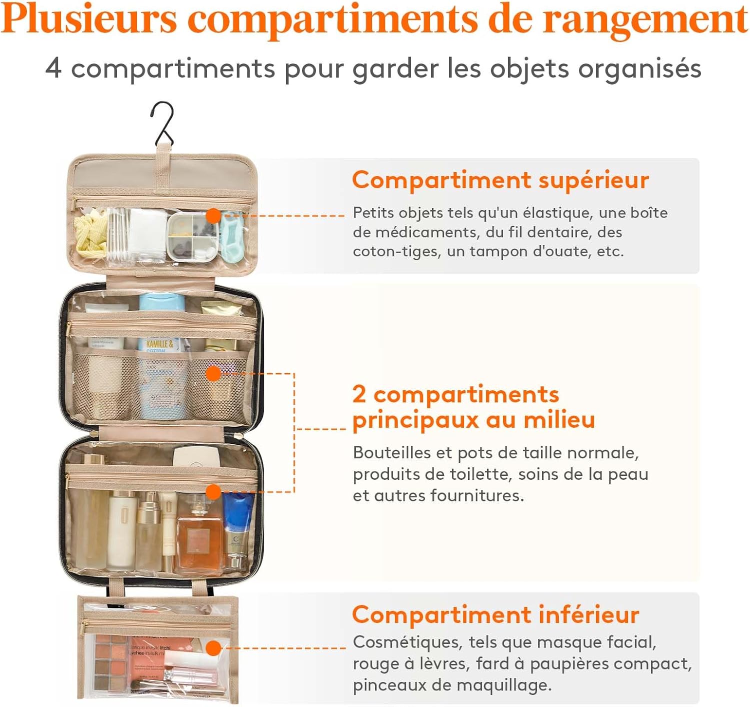 Trousse de toilette de voyage : grande trousse de maquillage suspendue pour femmes, parfaite pour organiser vos cosmétiques et bouteilles en toute élégance – Image 3