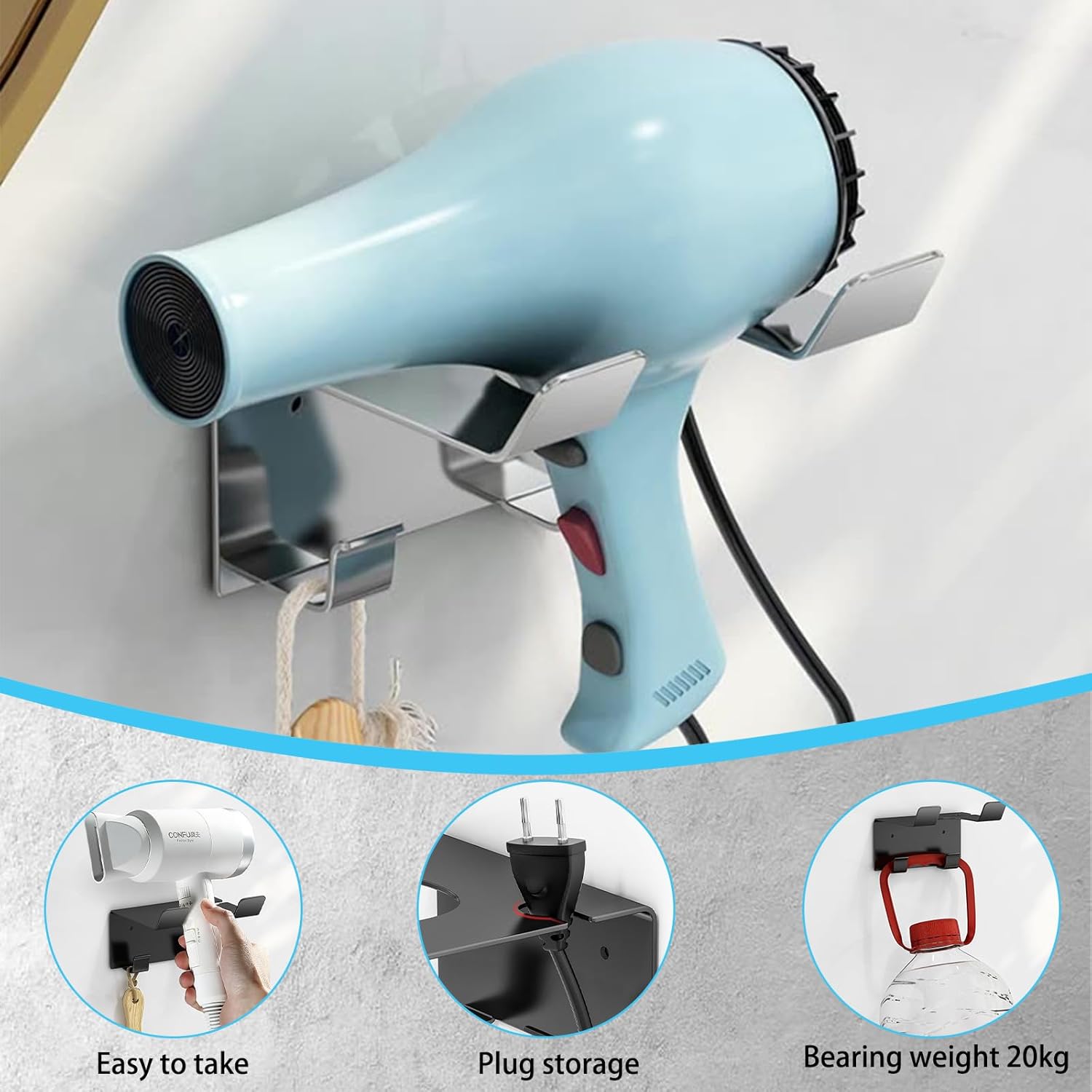 Support de sèche-cheveux en acier inoxydable : le choix idéal pour vos salles de bain modernes Organisez votre espace avec élégance grâce à un support sans perçage et des crochets pratiques – Image 7