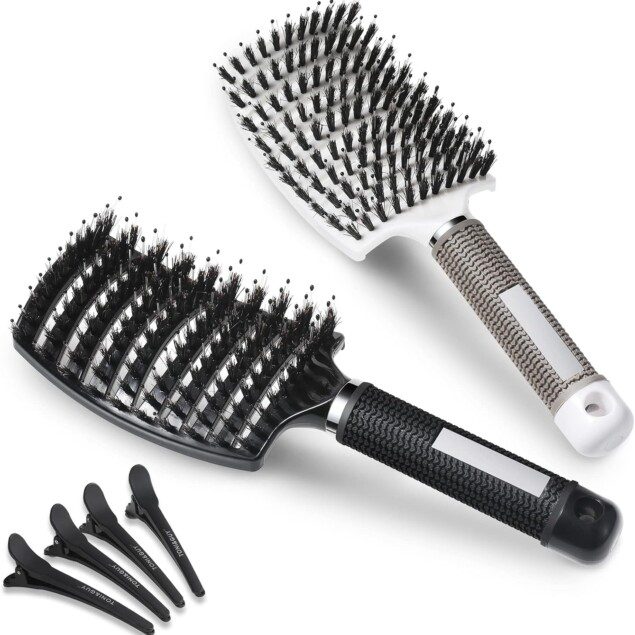 Brosse à cheveux anti-nœud : l’accessoire essentiel pour femmes, hommes et enfants   Un démêlage doux et efficace avec poils de sanglier et épingles à cheveux incluses
