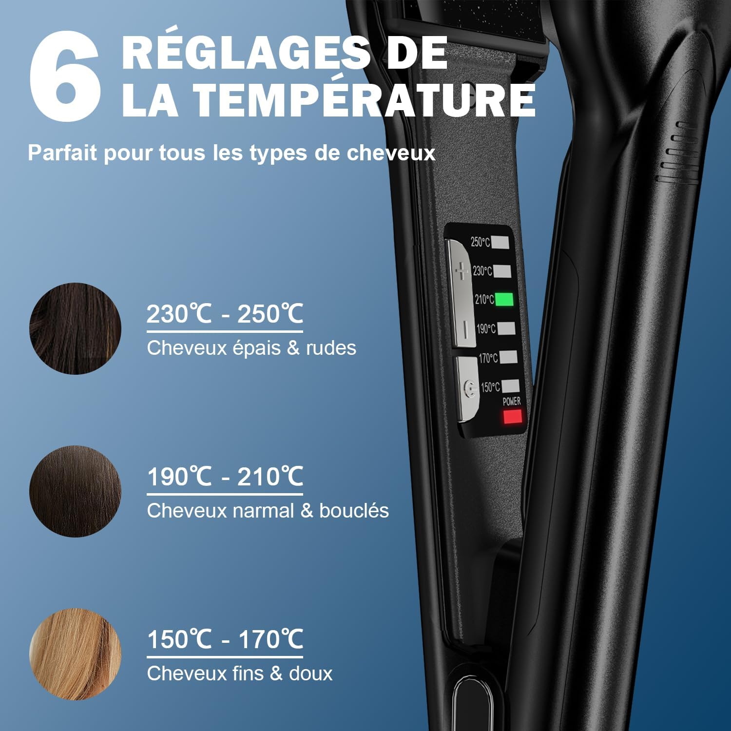 Lisseur plaque large de 44mm : l'outil idéal pour des cheveux sublimes en un temps record Chauffage rapide en 30 secondes et 6 niveaux de température pour tous les types de cheveux – Image 3
