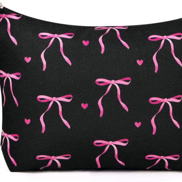 Trousse de toilette femme voyage : l'élégance en noir avec un motif nœuds roses pour un maquillage toujours en beauté
