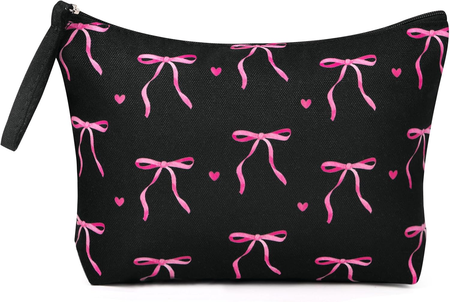 Trousse de toilette femme voyage : l'élégance en noir avec un motif nœuds roses pour un maquillage toujours en beauté
