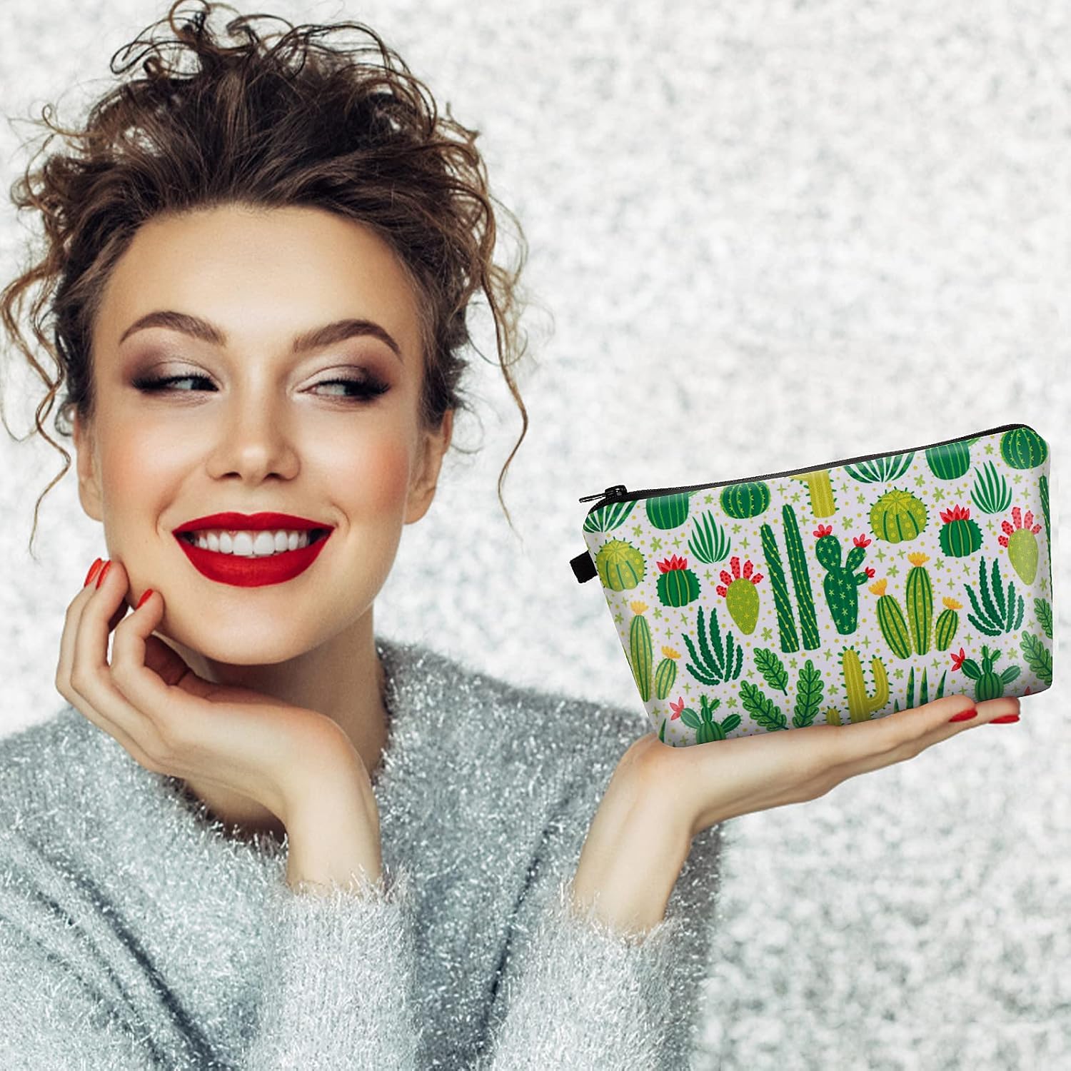 Petite trousse à maquillage en toile : l'accessoire de voyage idéal pour adolescentes Ranger vos produits de beauté avec style grâce à son design cactus vert – Image 6