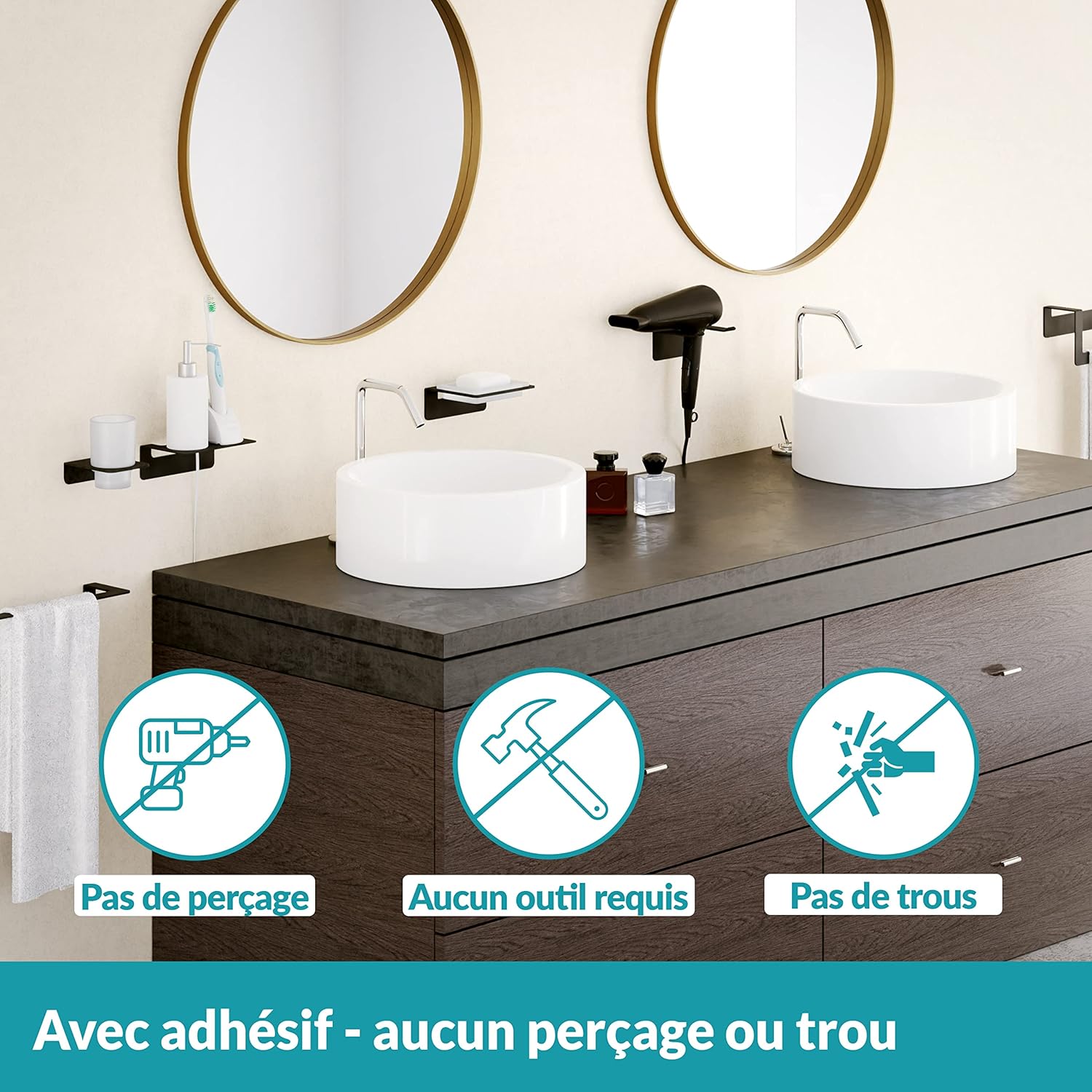 Porte sèche cheveux mural adhésif en inox noir : pour un rangement élégant et pratique dans votre salle de bain – Image 2