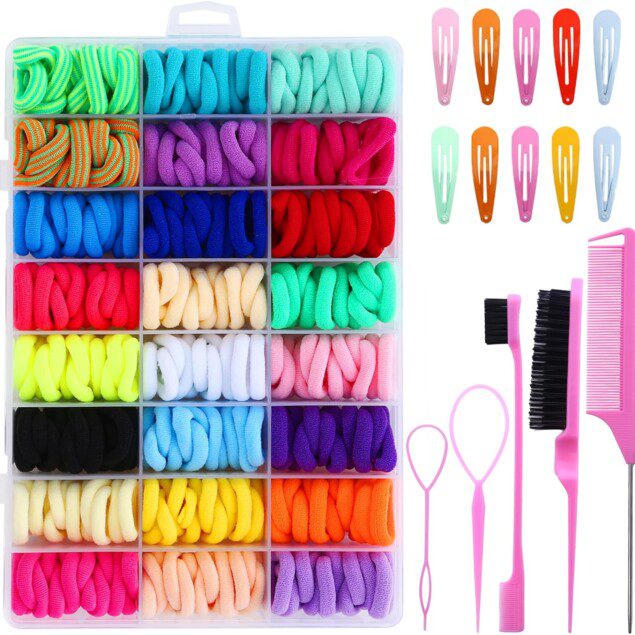 Accessoires de cheveux multicolores : ensemble complet pour filles avec 400 élastiques et 10 pinces à coiffure