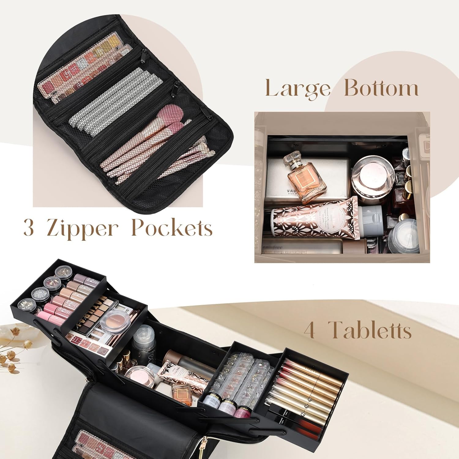 Mallette de maquillage pliable noire : l'accessoire idéal pour les femmes professionnelles en déplacement – Image 2