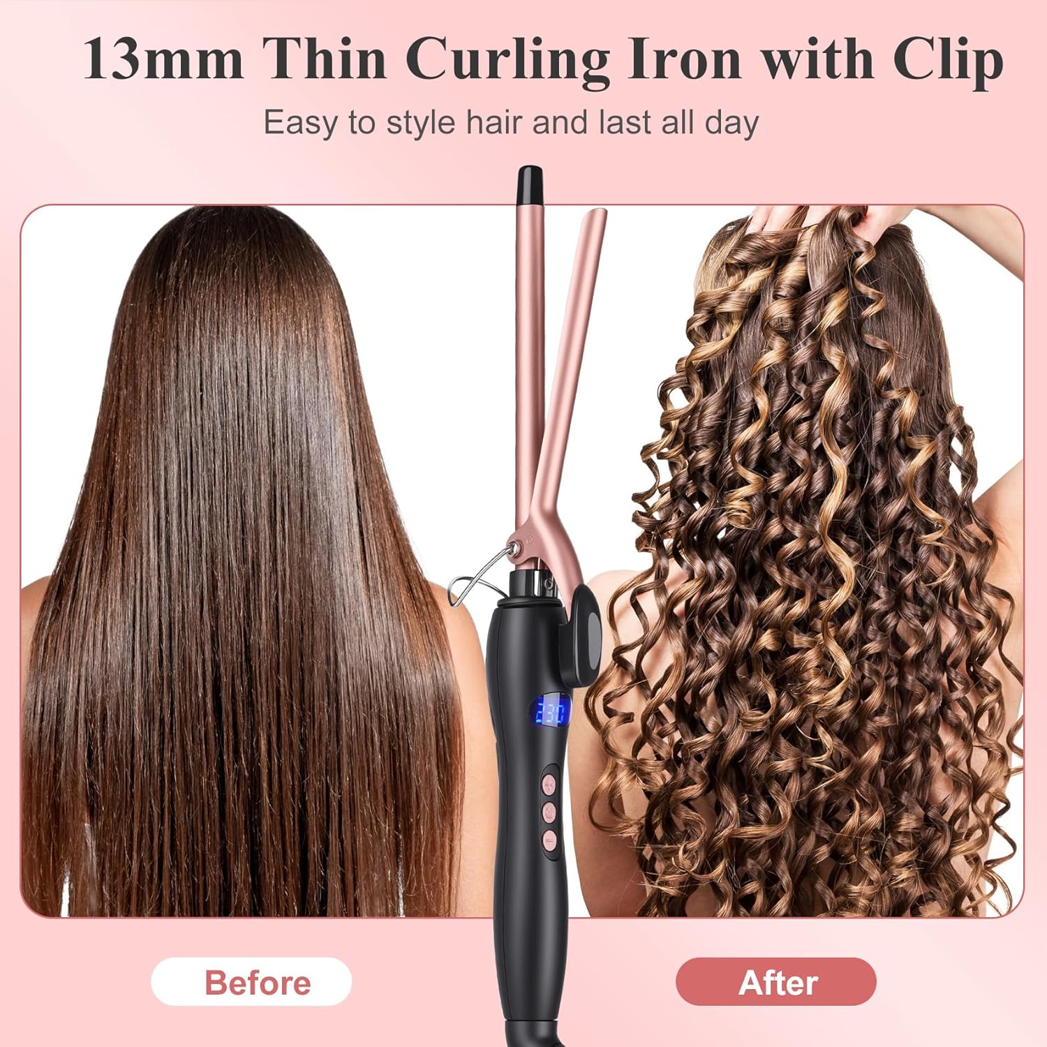 Boucleur à cheveux 13 mm : fer à boucler à pince pour ondulations naturelles et élégantes Chauffage homogène avec écran LCD 130-210°C, idéal pour tous types de cheveux – Image 2