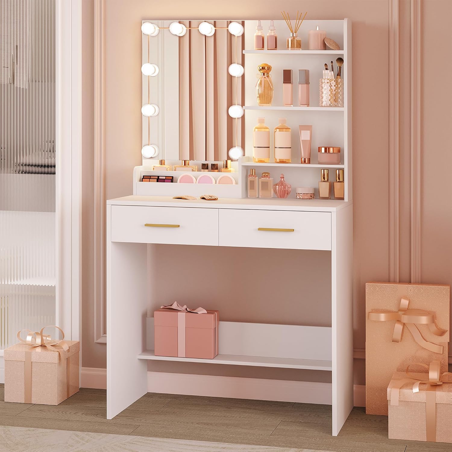 Coiffeuse avec 10 LED : vanité de maquillage élégante pour chambre avec rangement optimisé