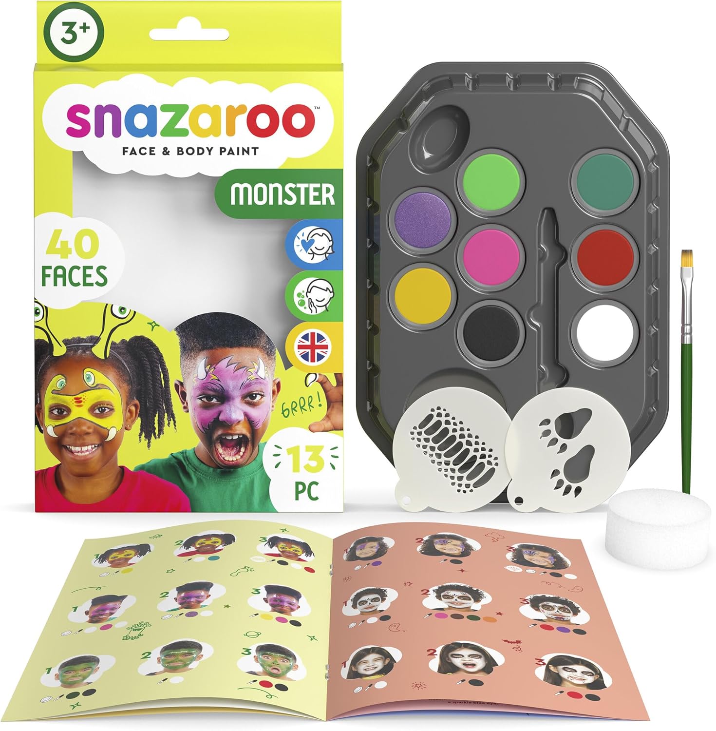 Maquillage à base d'eau pour enfants : kit créatif de monstres avec 8 couleurs, 2 stencils et accessoires