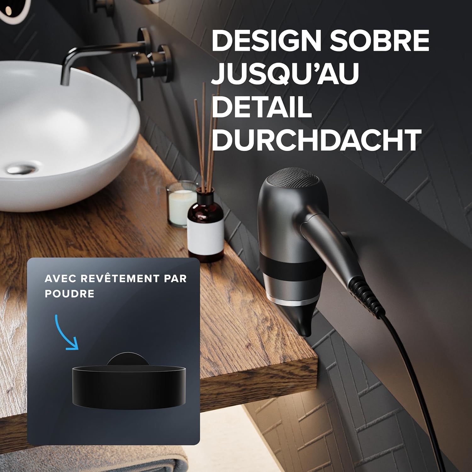 Porte-sèche-cheveux en acier inoxydable noir mat : le choix élégant pour votre salle de bain Optimisez votre espace avec un support mural pratique et rembourré pour un rangement organisé – Image 6