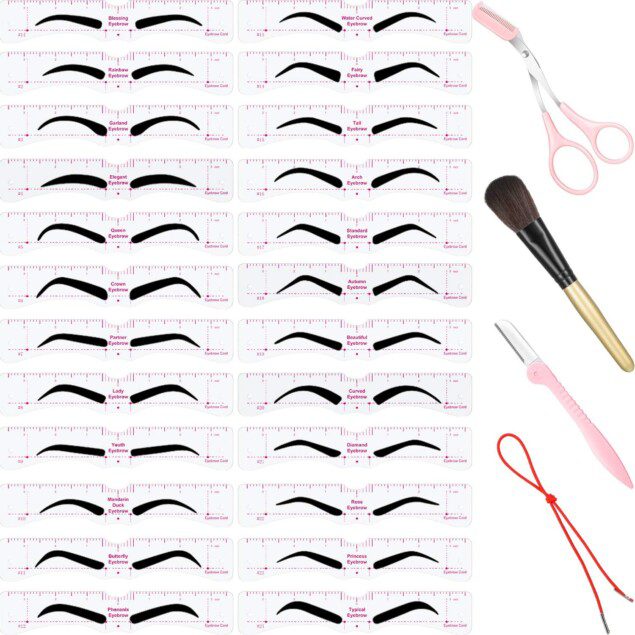 Set de kit de modelage de pochoirs à sourcils : 29 pièces pour un maquillage parfait et personnalisé   Inclut 24 modèles de sourcils réutilisables, tondeuse, ciseaux et pinceau pour sublimer votre regard