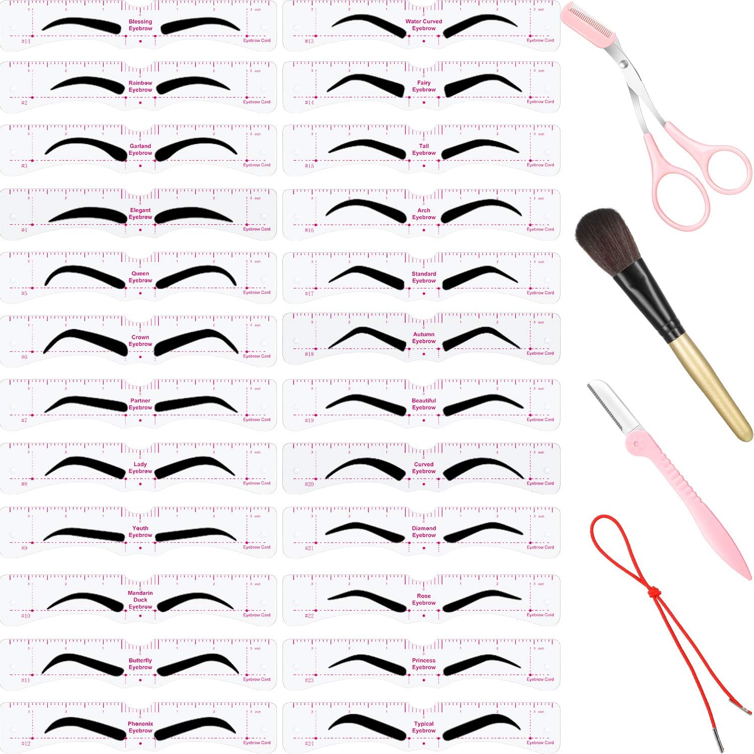 Set de kit de modelage de pochoirs à sourcils : 29 pièces pour un maquillage parfait et personnalisé   Inclut 24 modèles de sourcils réutilisables, tondeuse, ciseaux et pinceau pour sublimer votre regard