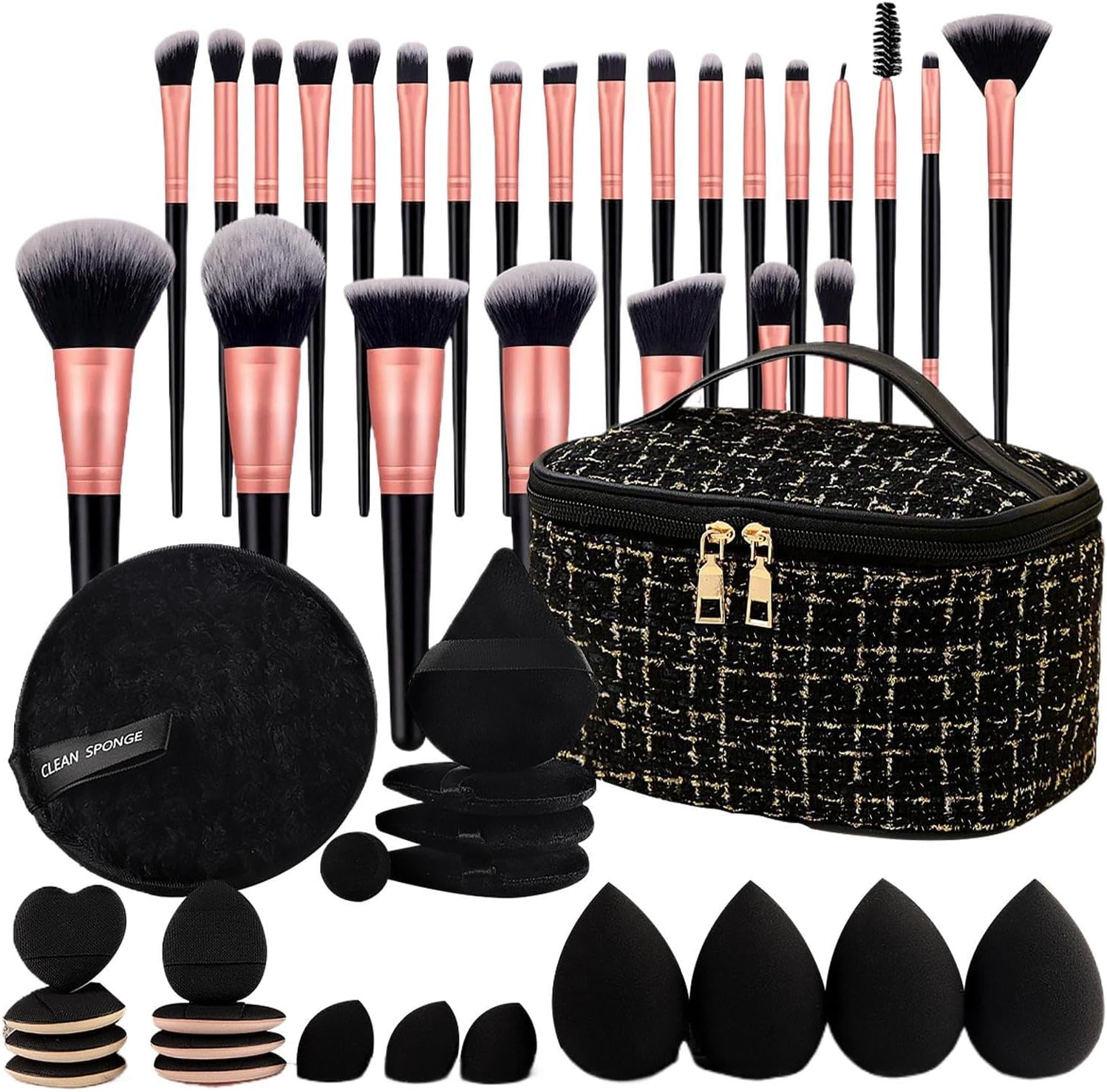 Pinceaux de maquillage : set élégant avec sac de rangement pour un teint parfait Kit complet avec blender éponge, idéal pour les passionnées de beauté